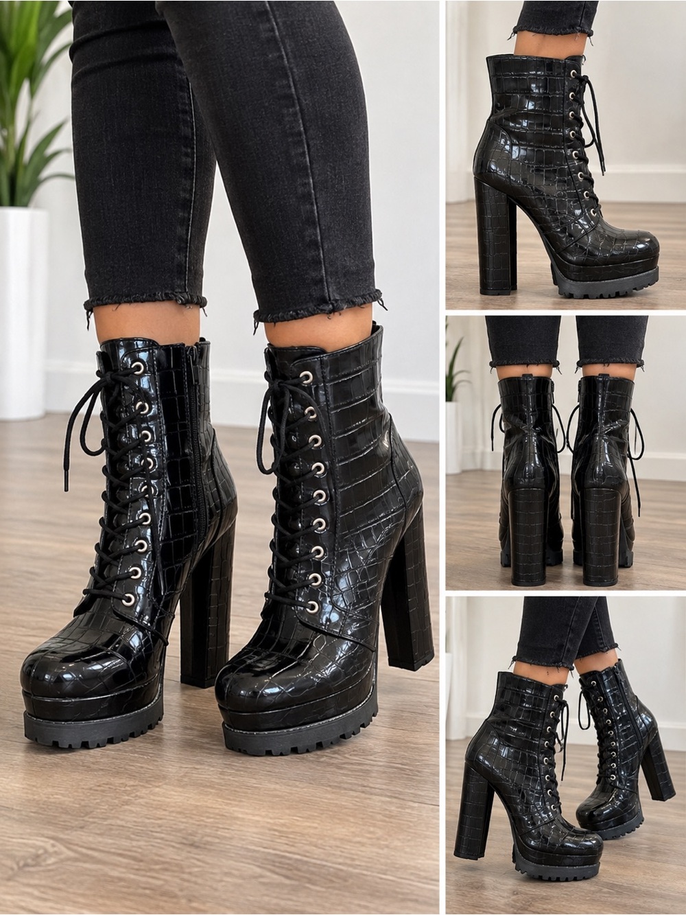Liliana Black Croc Platform 5” Block Heel Boots Size 8
